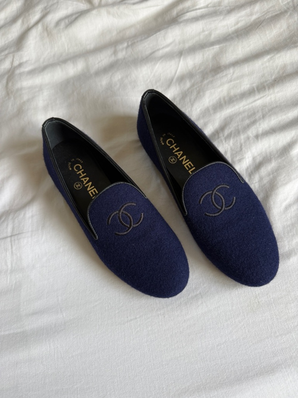 CHANEL Navy Wool CC Logo Loafers / flats  - Women